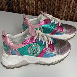 Philipp Plein 8 Logo Crystals Snakeskin Effect Leather Colorful Sneakers Shoes